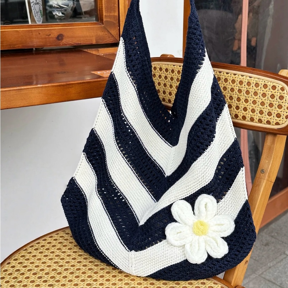 Navy and White Crochet Tote Bag with Flower Accent